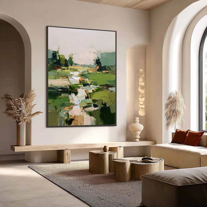VERDANT PATH: Textured Abstract Landscape Oil Painting for Modern Home Decor | Abstract mood, soft natural light studio shot