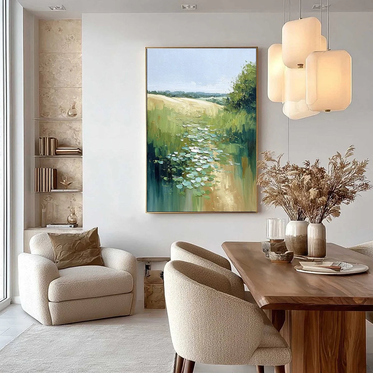 VERDANT PATH: Textured Impasto Landscape Painting | gold frame stretched on neutral wall