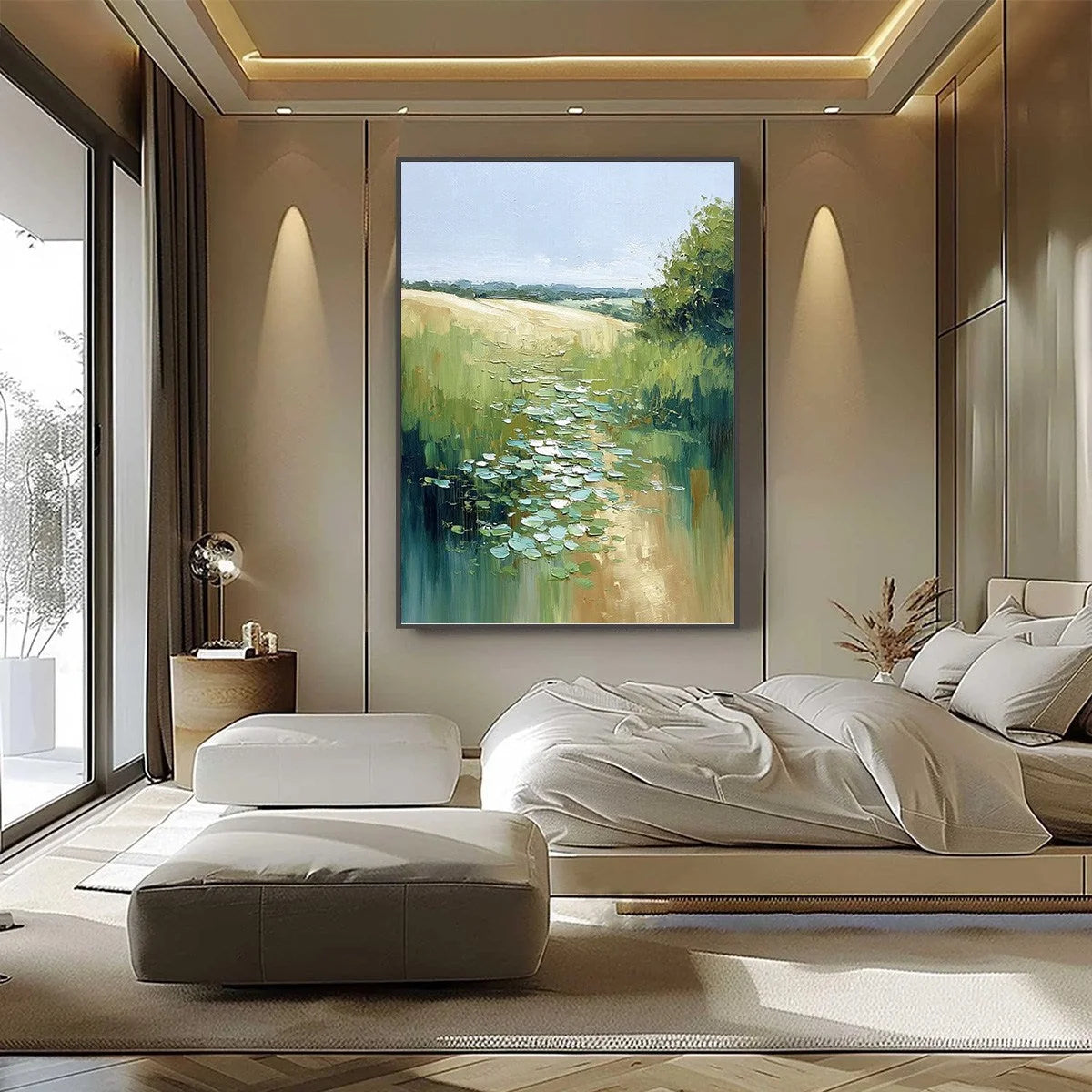 VERDANT PATH: Textured Impasto Landscape Painting | black frame version on white wall