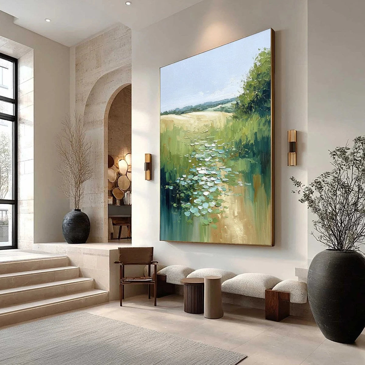 VERDANT PATH: Textured Impasto Landscape Painting | Landscape mood, soft natural light studio shot