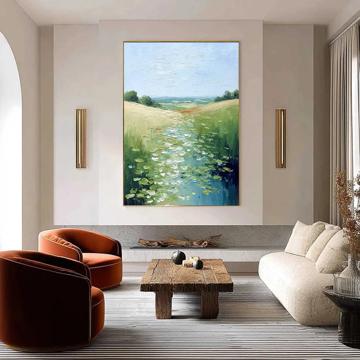 VERDANT PATH: Textured Impasto Landscape Painting of a Lilypad Stream | Landscape closeup, raised brushwork detail