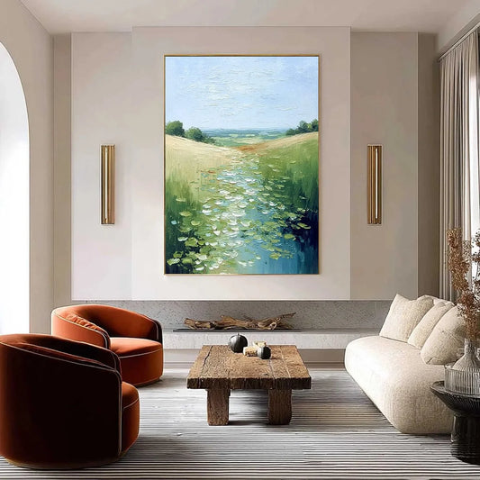 VERDANT PATH: Textured Impasto Landscape Painting of a Lilypad Stream