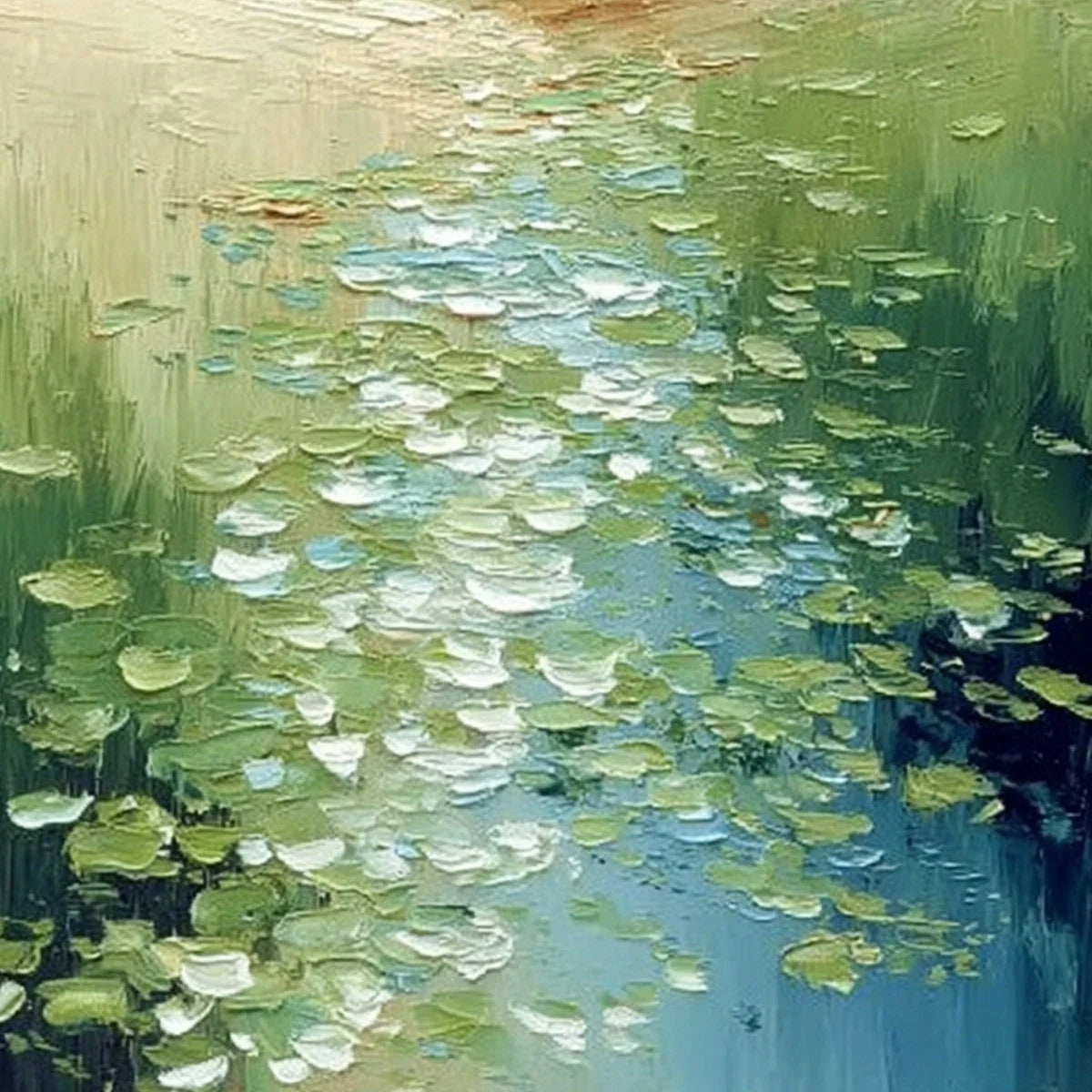 VERDANT PATH: Textured Impasto Landscape Painting of a Lilypad Stream | rectangular format, hand-painted canvas edge