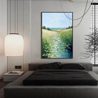 VERDANT PATH: Textured Impasto Landscape Painting of a Lilypad Stream | gold frame stretched on neutral wall