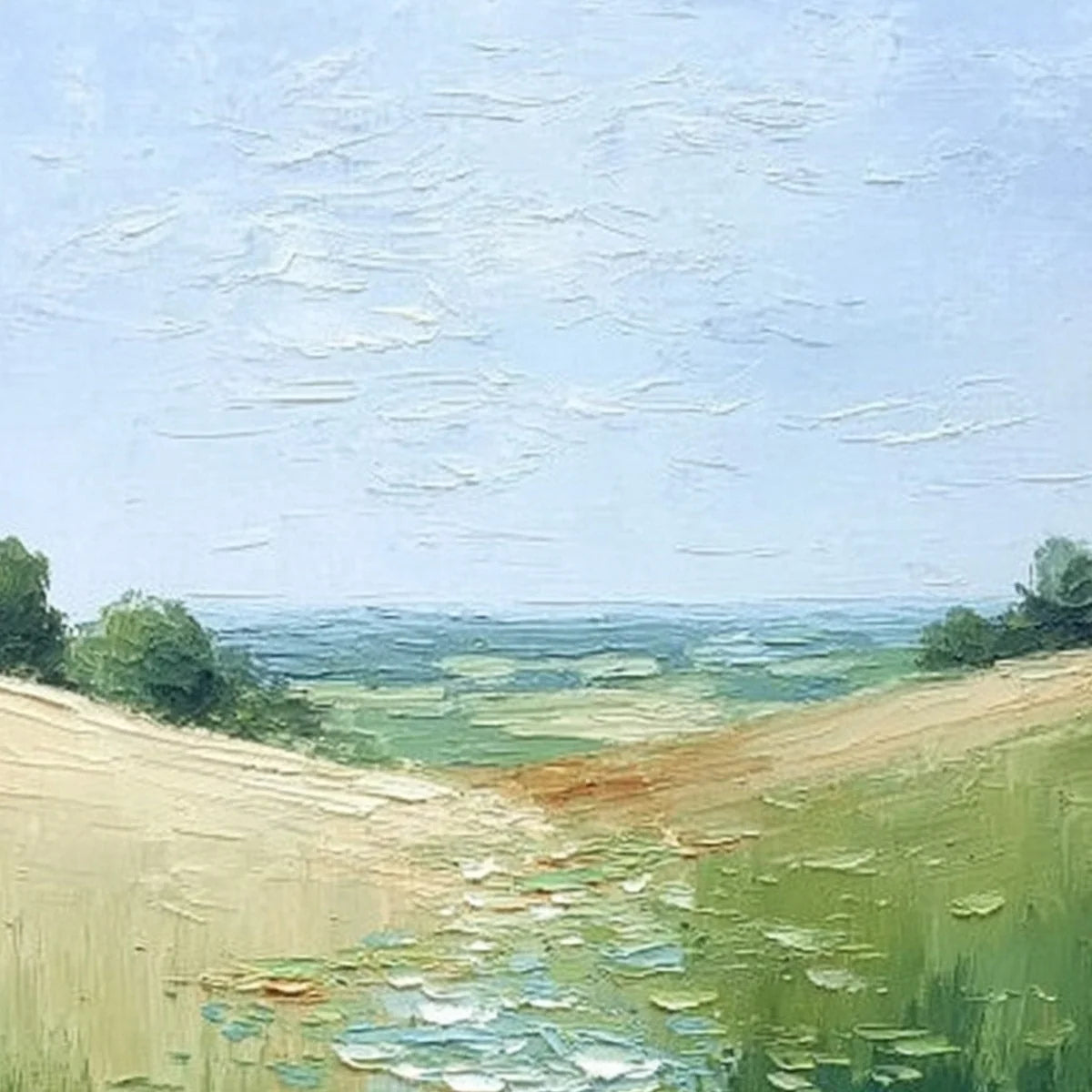 VERDANT PATH: Textured Impasto Landscape Painting of a Lilypad Stream | rolled canvas, ready for custom framing