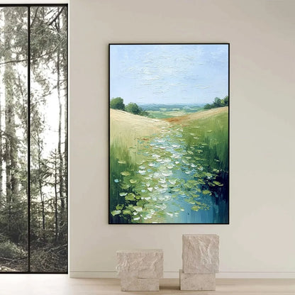 VERDANT PATH: Textured Impasto Landscape Painting of a Lilypad Stream | black frame version on white wall