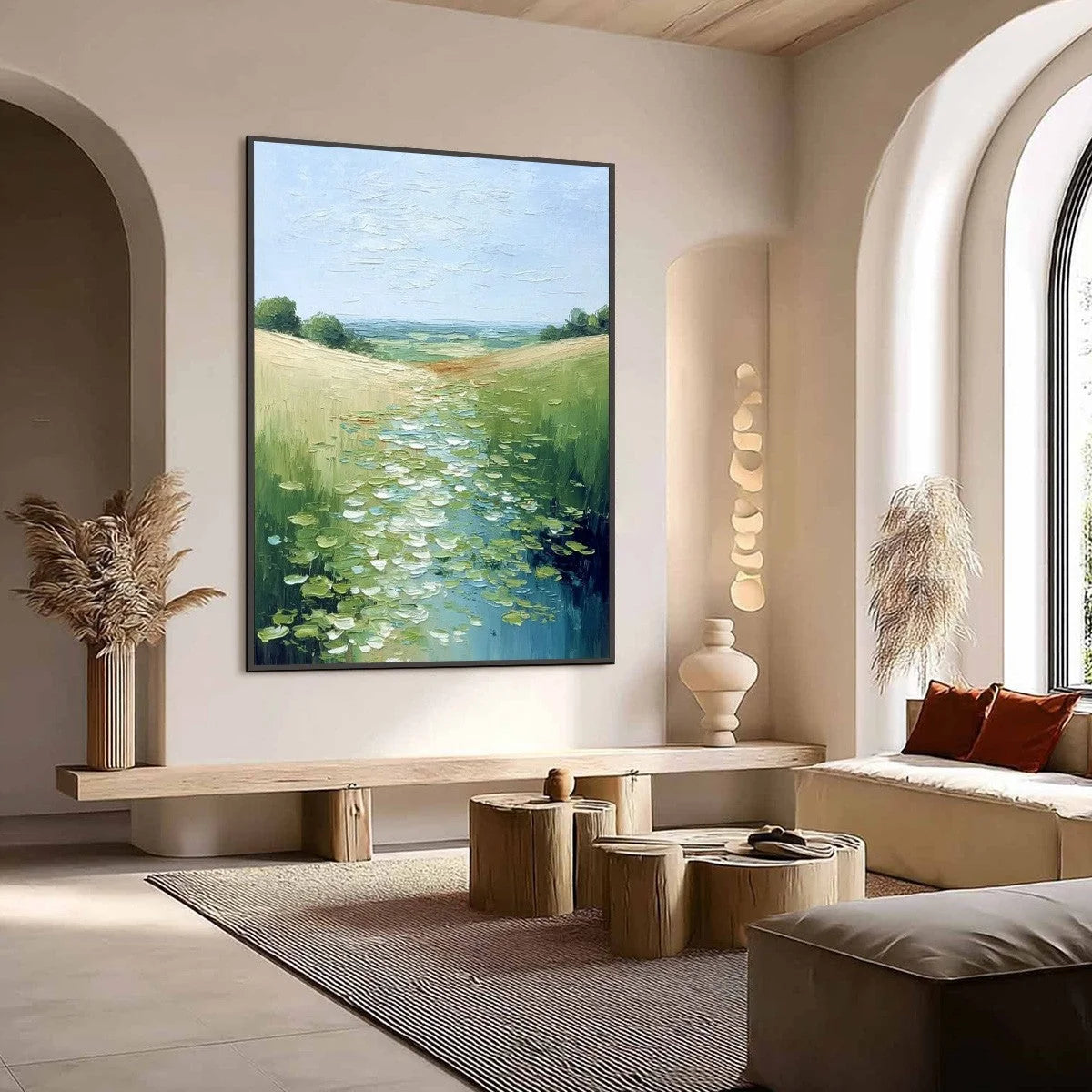 VERDANT PATH: Textured Impasto Landscape Painting of a Lilypad Stream | Landscape mood, soft natural light studio shot
