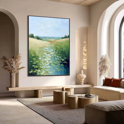 VERDANT PATH: Textured Impasto Landscape Painting of a Lilypad Stream | Landscape mood, soft natural light studio shot
