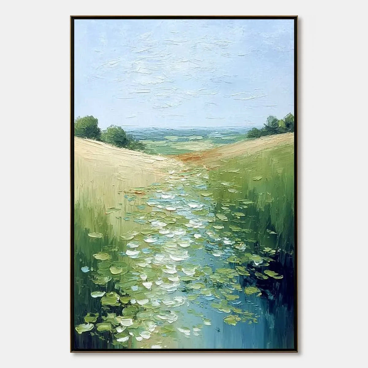 VERDANT PATH: Textured Impasto Landscape Painting of a Lilypad Stream | hanging in living room, Landscape wall art