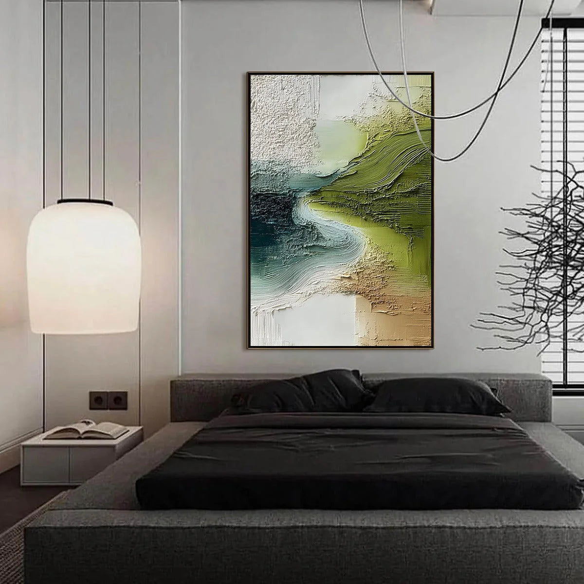 VERDANT PATH: Textured Wabi Sabi Abstract Landscape Painting | gold frame stretched on neutral wall
