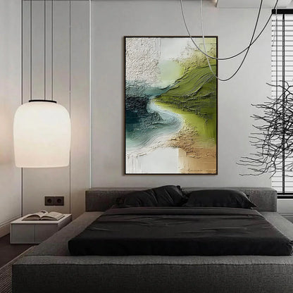 VERDANT PATH: Textured Wabi Sabi Abstract Landscape Painting | gold frame stretched on neutral wall