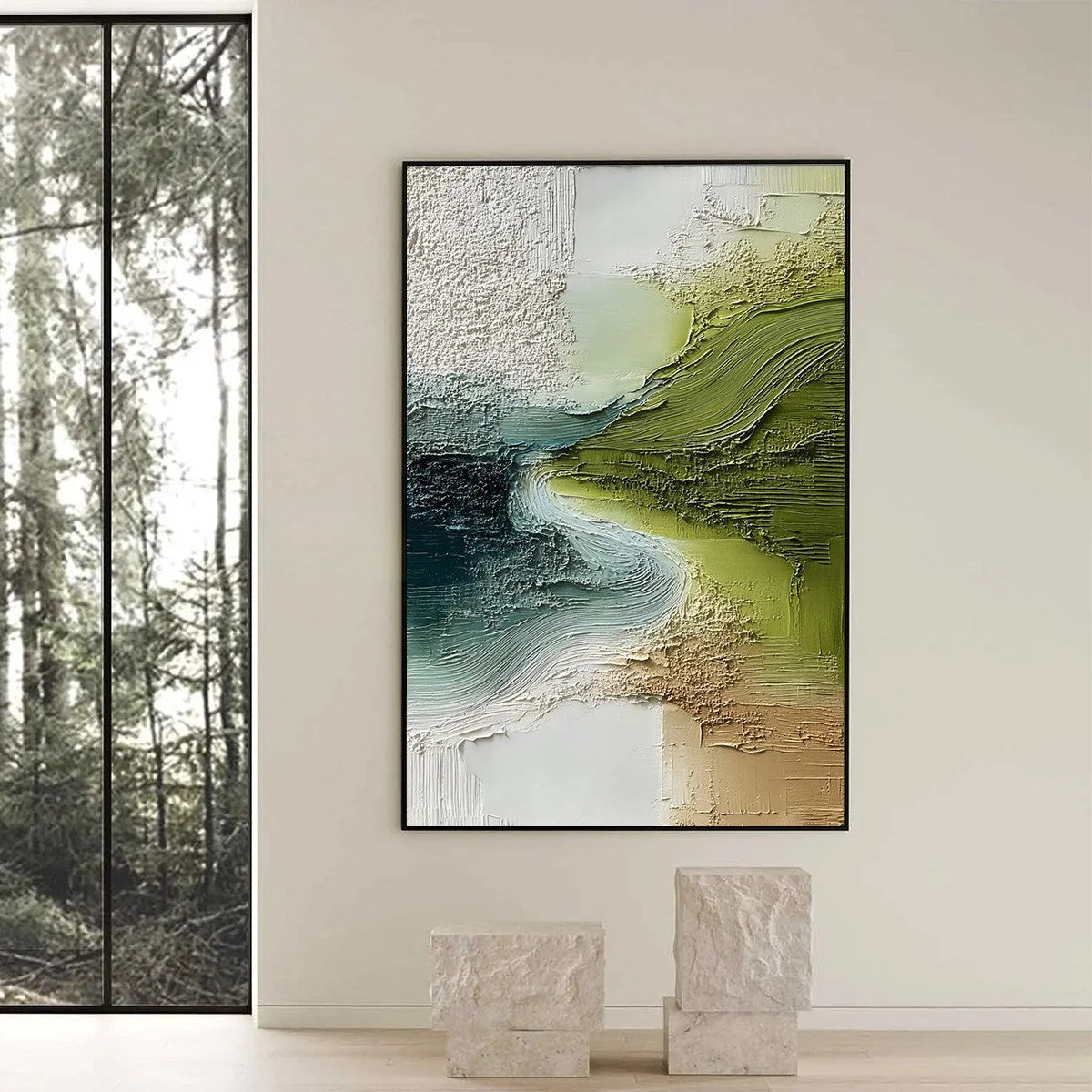 VERDANT PATH: Textured Wabi Sabi Abstract Landscape Painting | black frame version on white wall