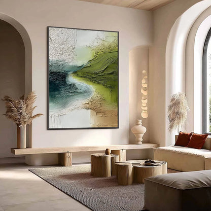 VERDANT PATH: Textured Wabi Sabi Abstract Landscape Painting | Abstract mood, soft natural light studio shot