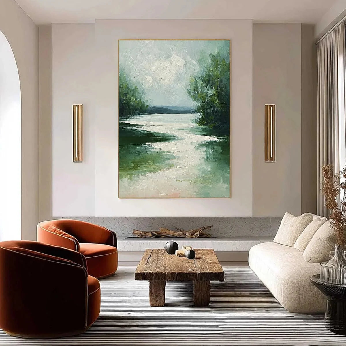 VERDANT REFLECTIONS: Textured Vertical Green Landscape Painting | Landscape closeup, raised brushwork detail