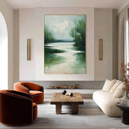 VERDANT REFLECTIONS: Textured Vertical Green Landscape Painting | Landscape closeup, raised brushwork detail