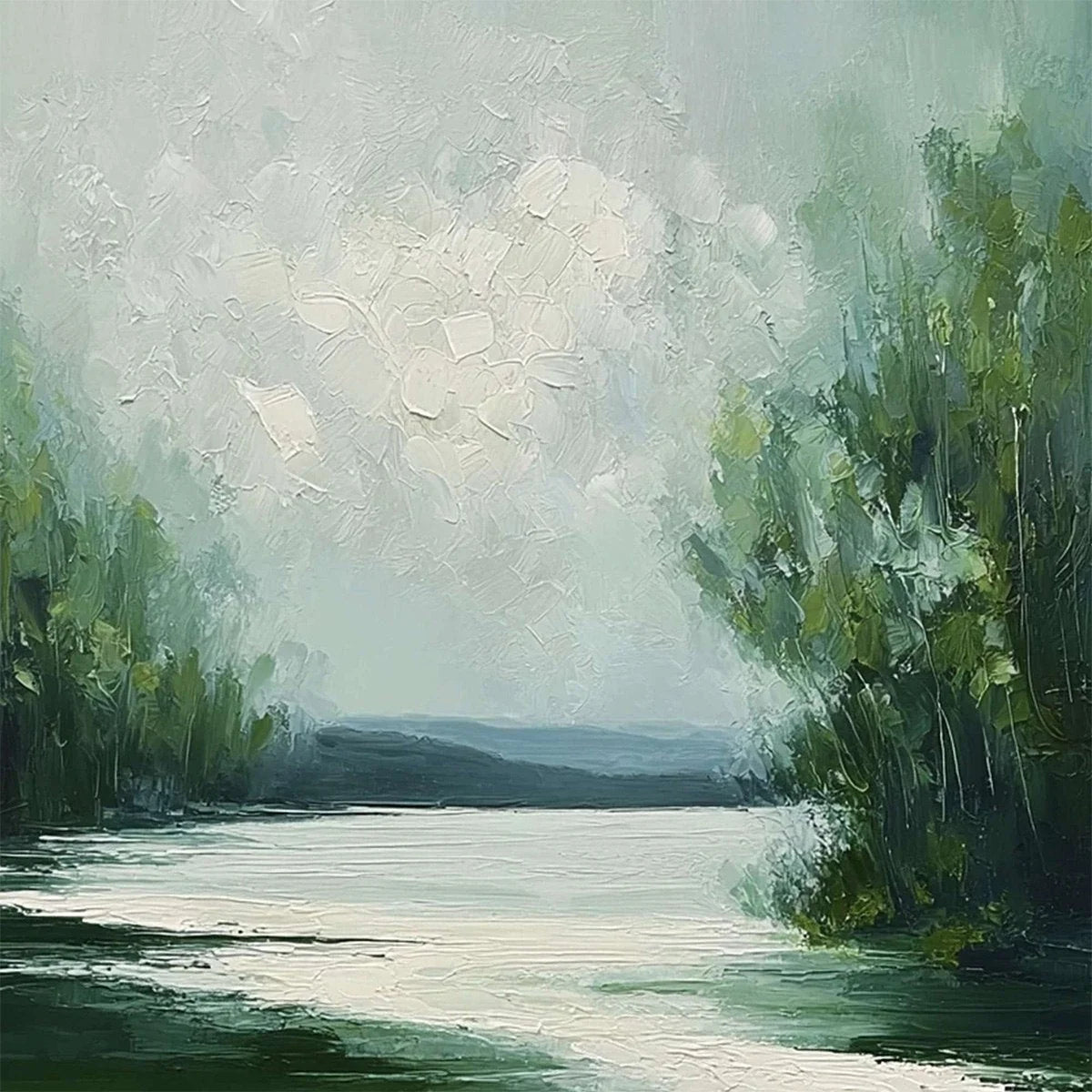 VERDANT REFLECTIONS: Textured Vertical Green Landscape Painting | rectangular format, hand-painted canvas edge