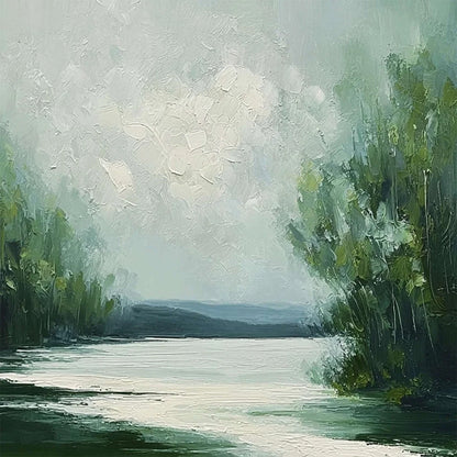 VERDANT REFLECTIONS: Textured Vertical Green Landscape Painting | rectangular format, hand-painted canvas edge