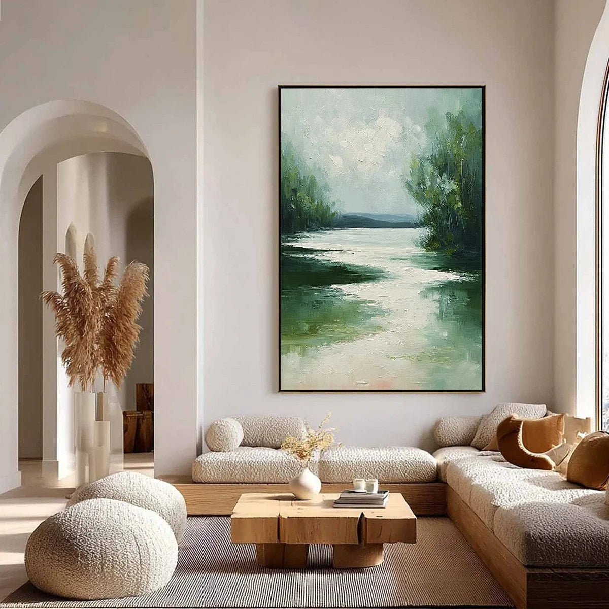 VERDANT REFLECTIONS: Textured Vertical Green Landscape Painting | gold frame stretched on neutral wall