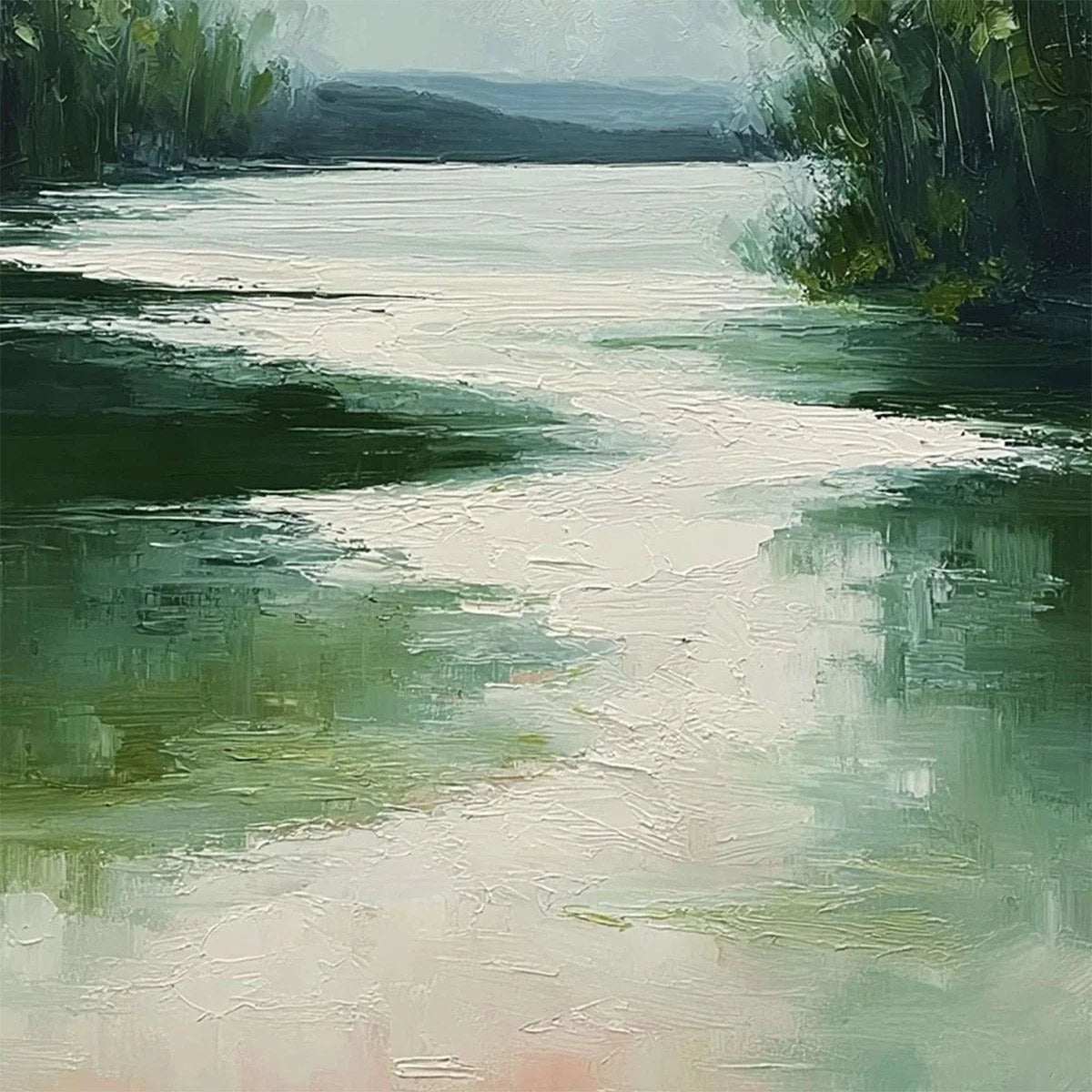 VERDANT REFLECTIONS: Textured Vertical Green Landscape Painting | rolled canvas, ready for custom framing