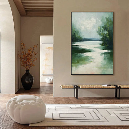 VERDANT REFLECTIONS: Textured Vertical Green Landscape Painting | black frame version on white wall