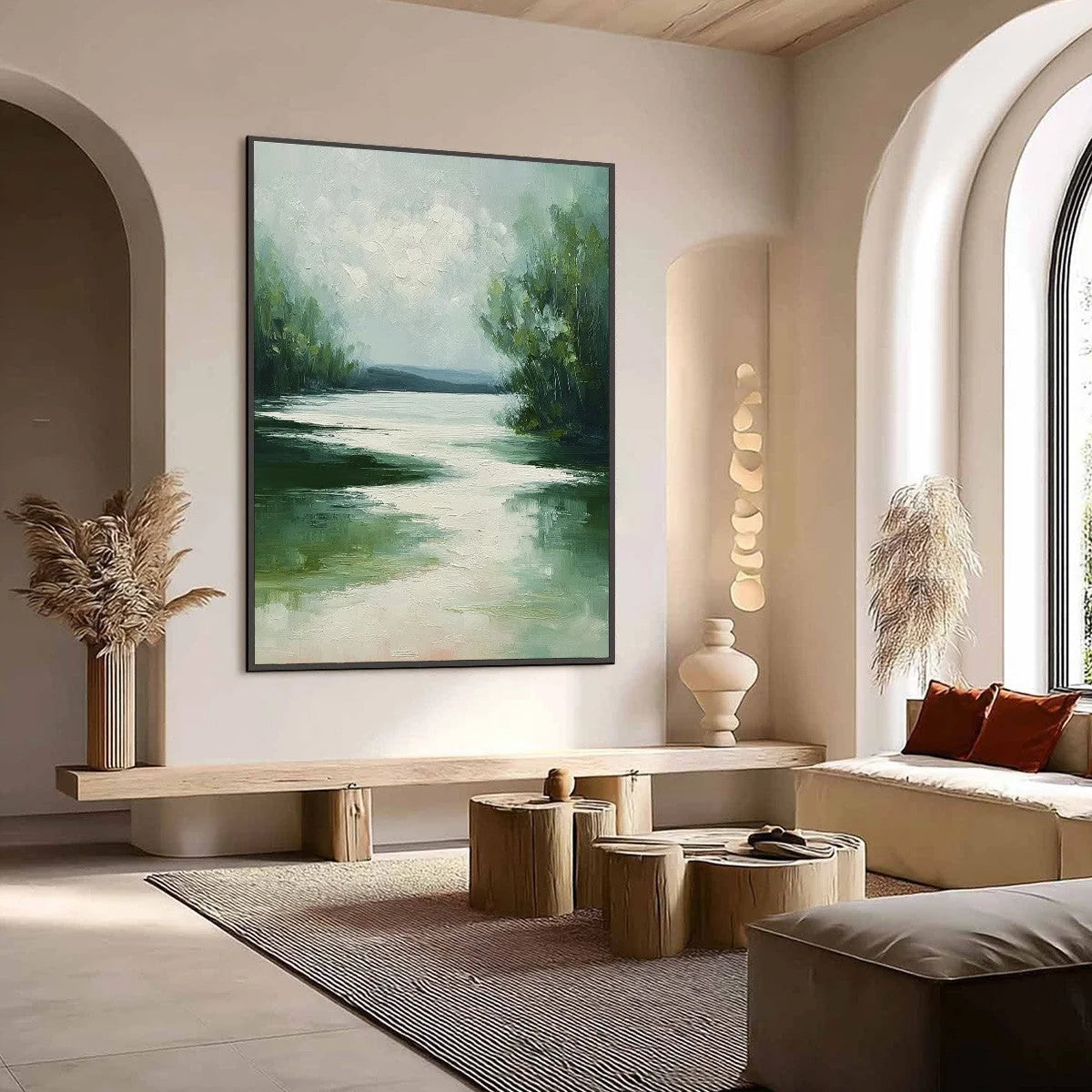 VERDANT REFLECTIONS: Textured Vertical Green Landscape Painting | Landscape mood, soft natural light studio shot