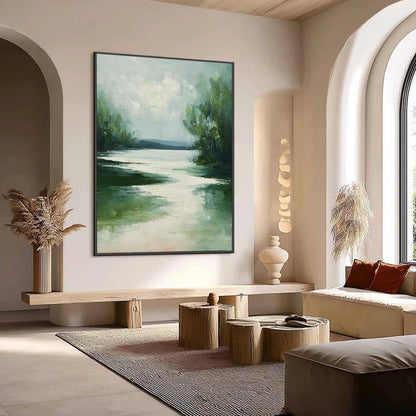 VERDANT REFLECTIONS: Textured Vertical Green Landscape Painting | Landscape mood, soft natural light studio shot