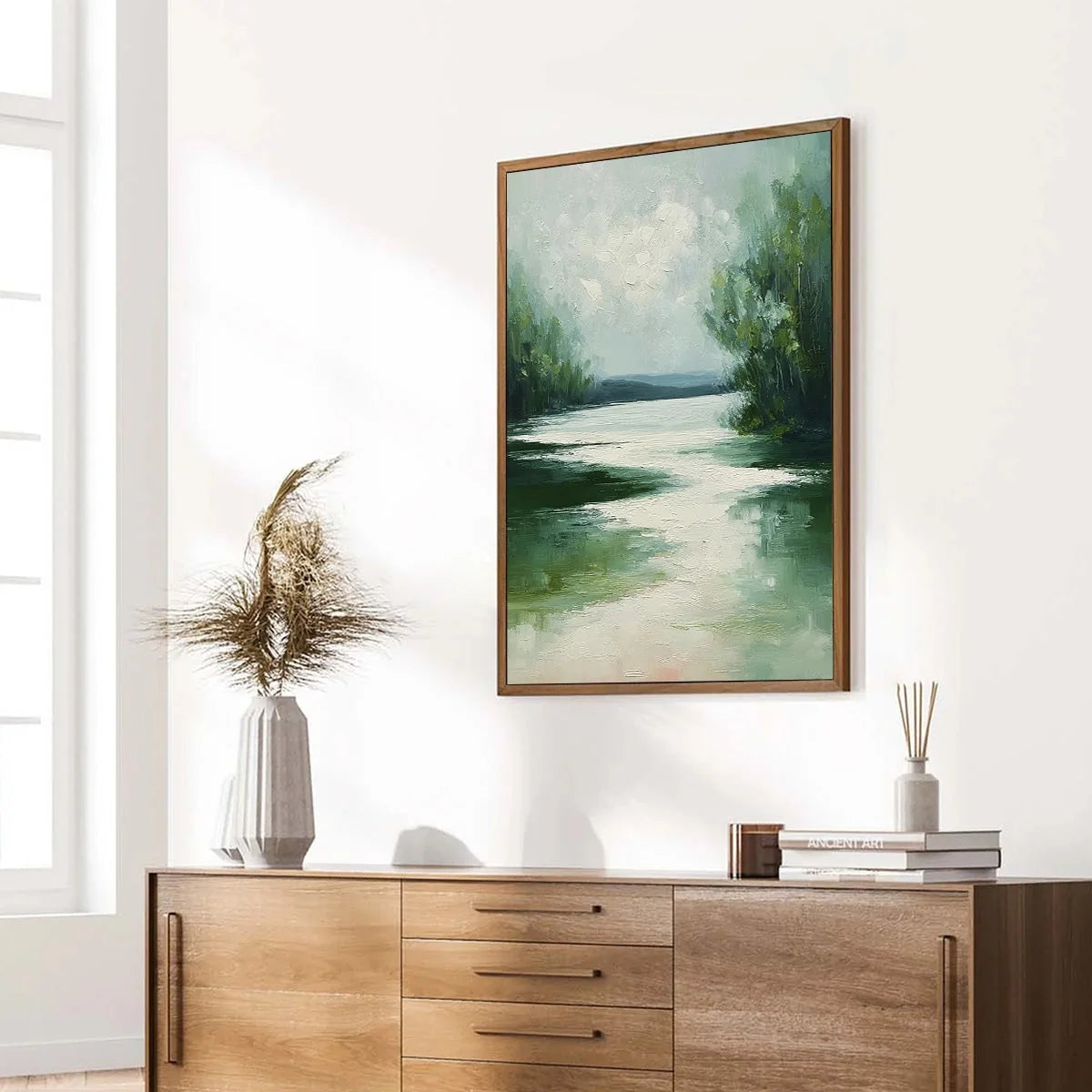 VERDANT REFLECTIONS: Textured Vertical Green Landscape Painting | green palette, original oil on stretched canvas art