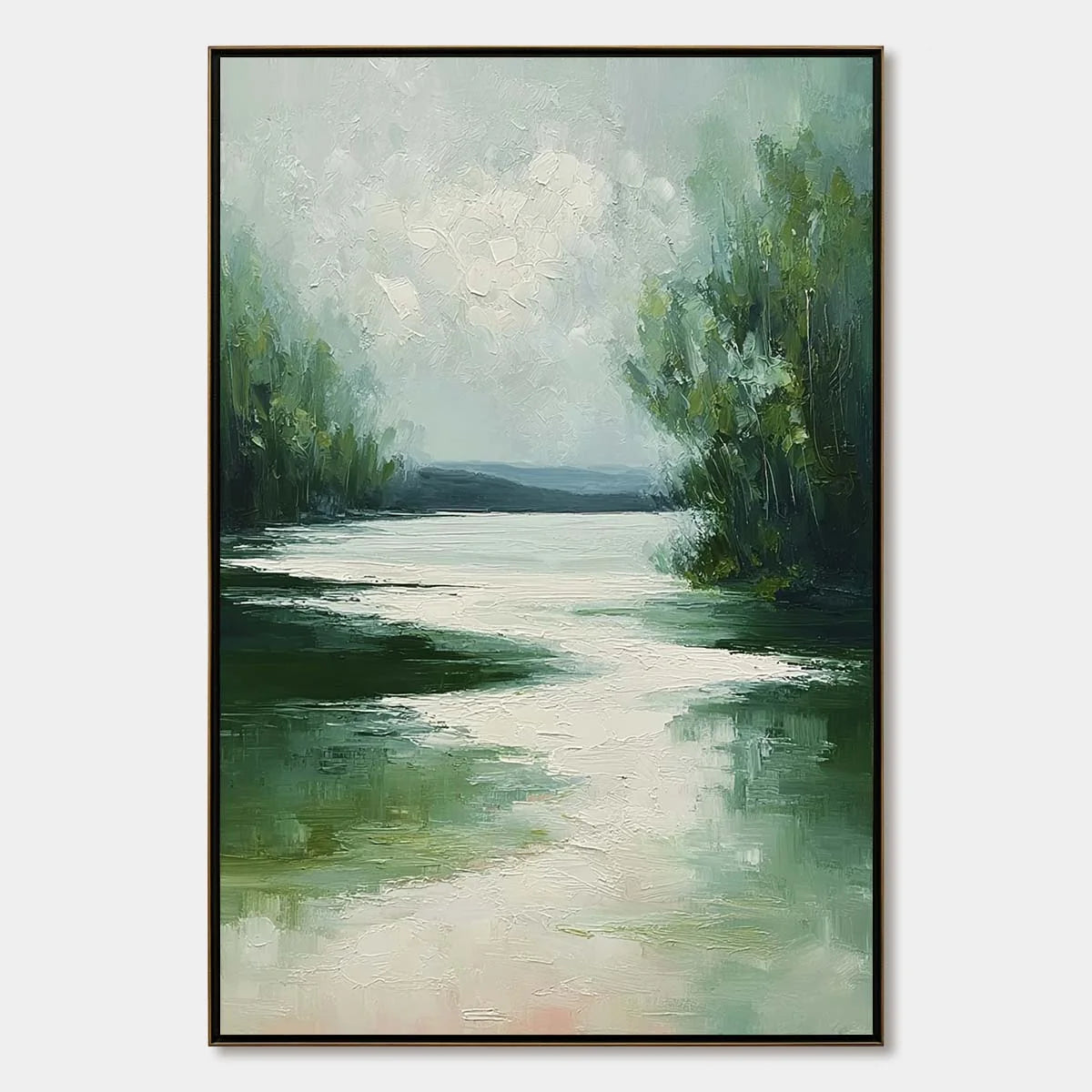 VERDANT REFLECTIONS: Textured Vertical Green Landscape Painting | hanging in living room, Landscape wall art