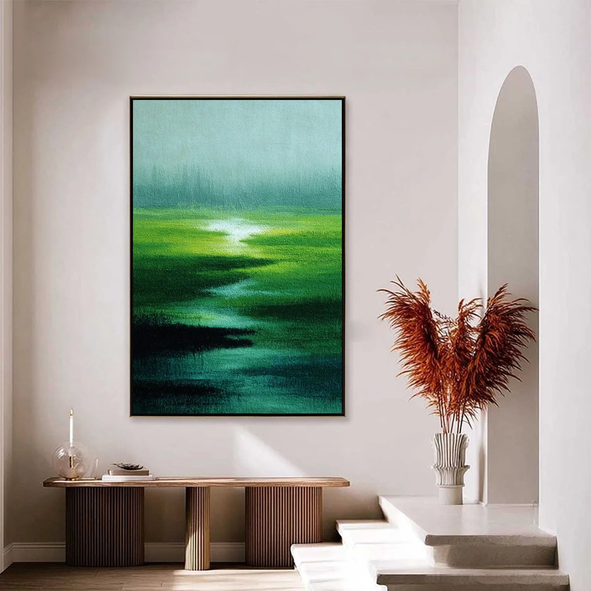 VERDANT REVERIE: Abstract Green Landscape Oil Painting | gold frame stretched on neutral wall