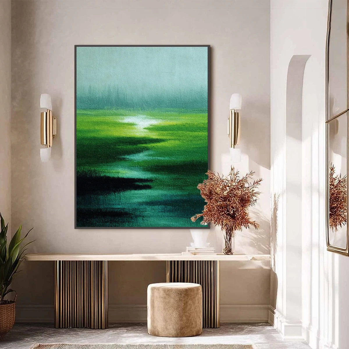 VERDANT REVERIE: Abstract Green Landscape Oil Painting | black frame version on white wall