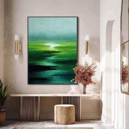 VERDANT REVERIE: Abstract Green Landscape Oil Painting | black frame version on white wall