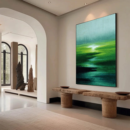 VERDANT REVERIE: Abstract Green Landscape Oil Painting | Abstract mood, soft natural light studio shot
