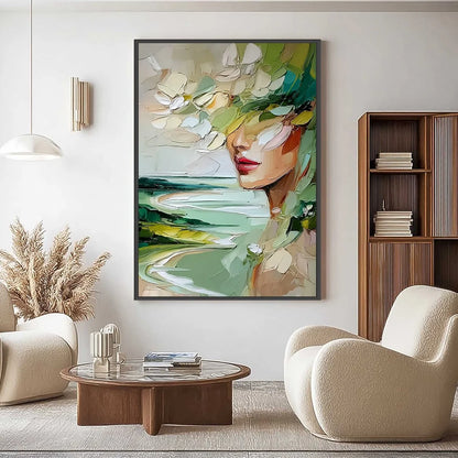 VERDANT REVERIE: Textured Palette Knife Abstract Portrait Painting | Abstract closeup, raised brushwork detail