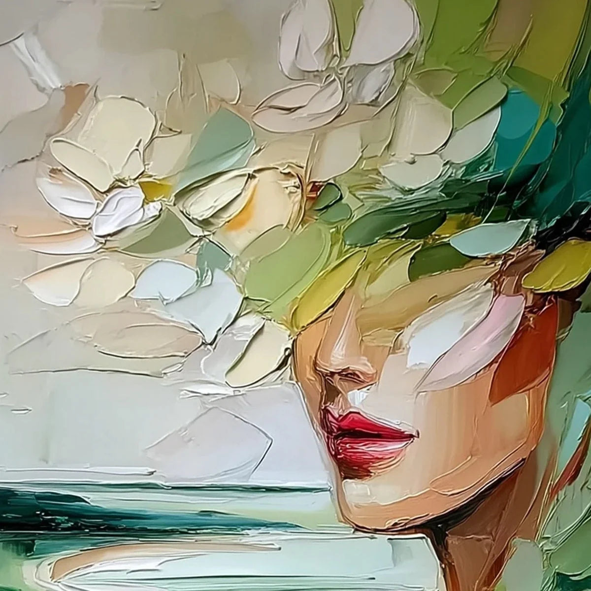 VERDANT REVERIE: Textured Palette Knife Abstract Portrait Painting | rectangular format, hand-painted canvas edge