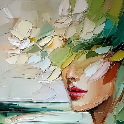 VERDANT REVERIE: Textured Palette Knife Abstract Portrait Painting | rectangular format, hand-painted canvas edge