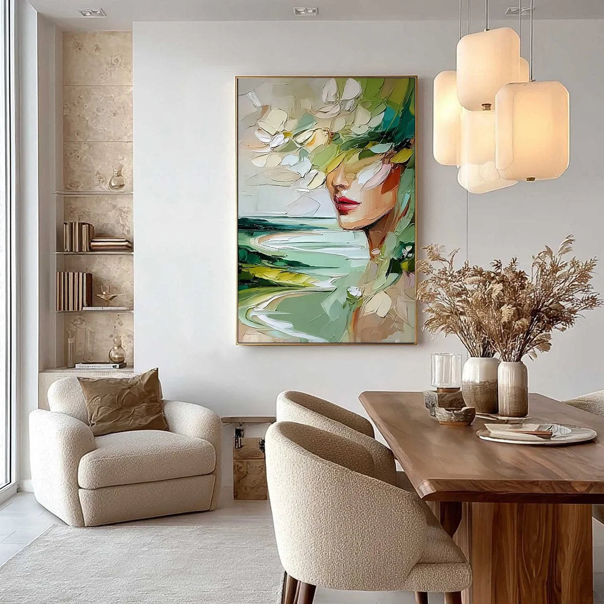 VERDANT REVERIE: Textured Palette Knife Abstract Portrait Painting | gold frame stretched on neutral wall