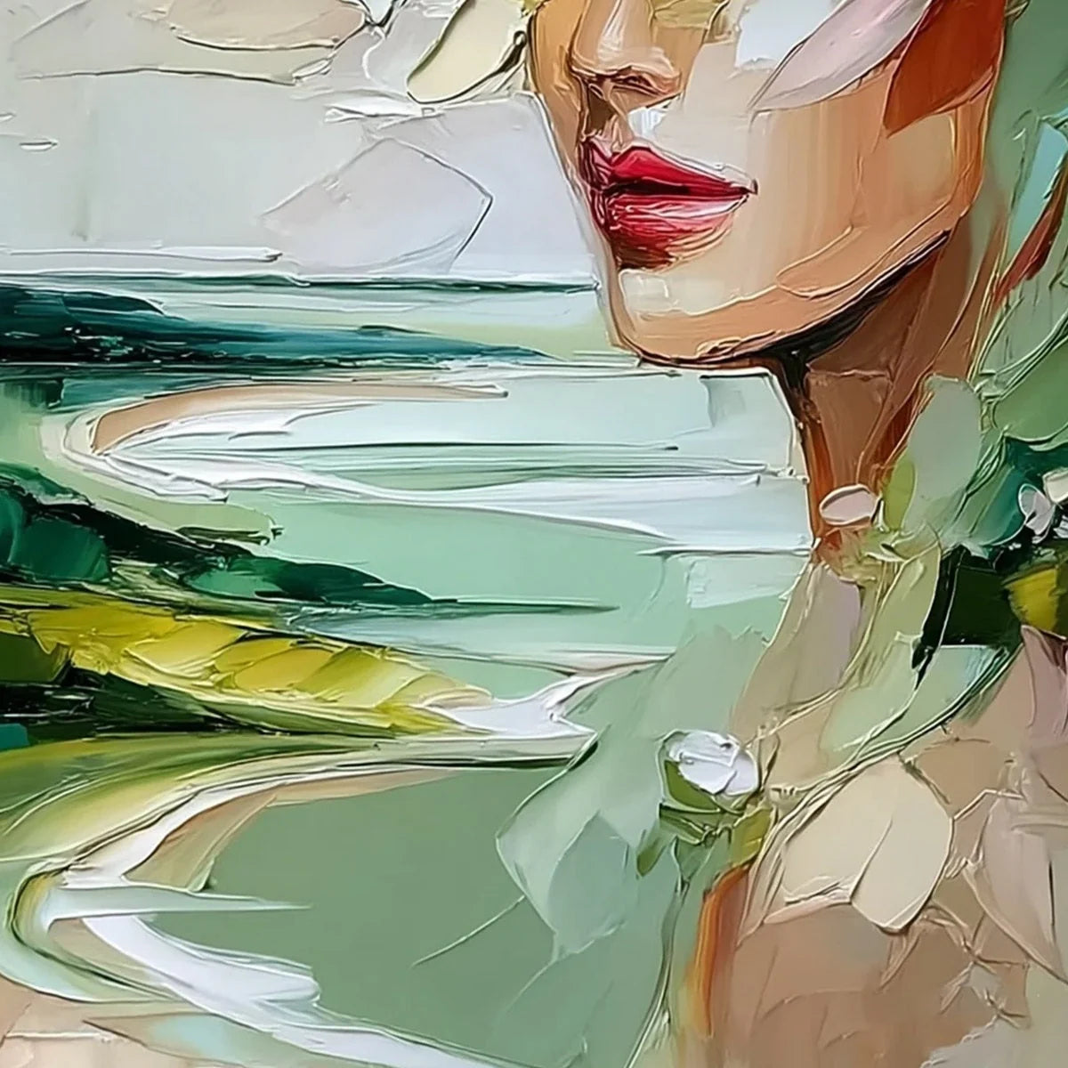 VERDANT REVERIE: Textured Palette Knife Abstract Portrait Painting | rolled canvas, ready for custom framing