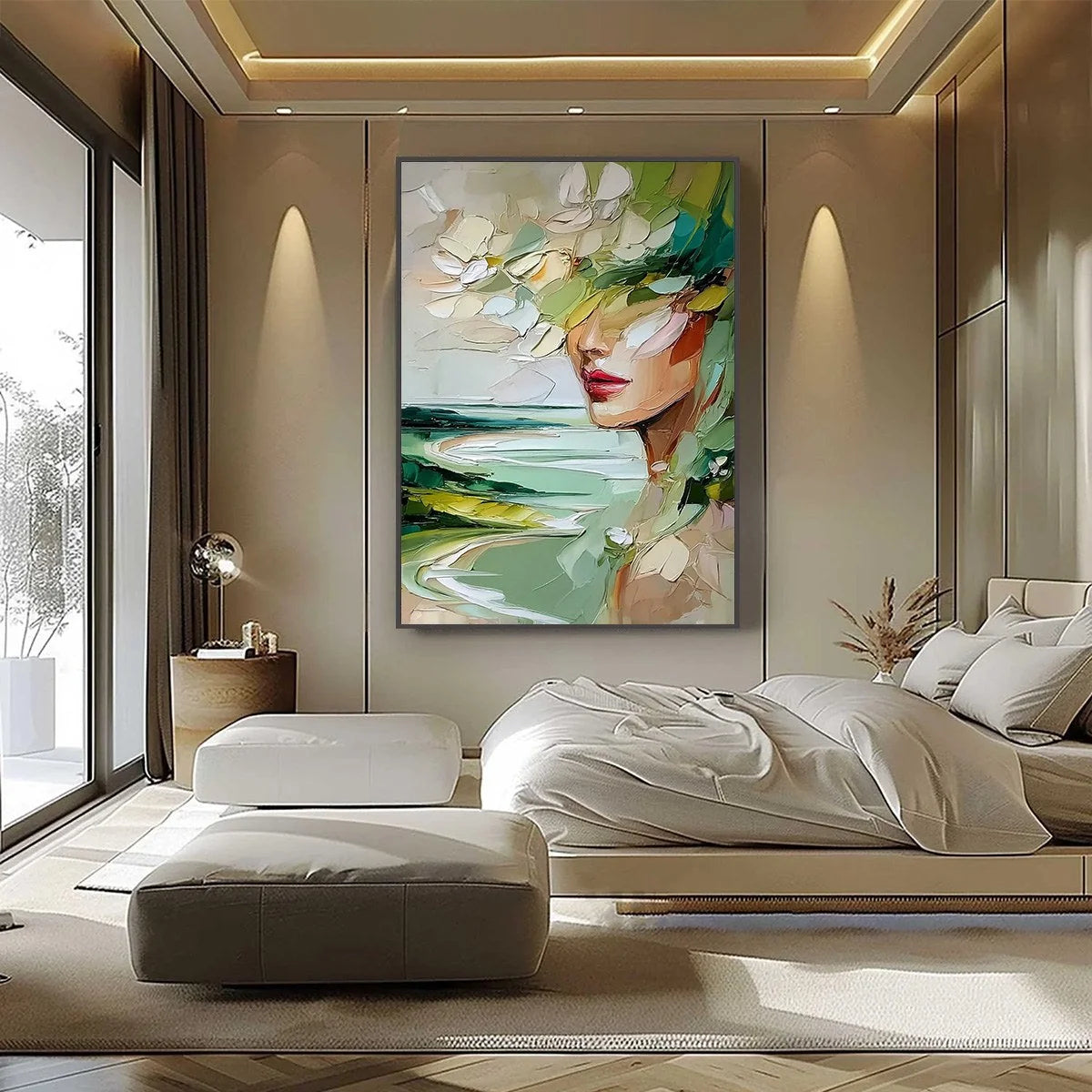 VERDANT REVERIE: Textured Palette Knife Abstract Portrait Painting | black frame version on white wall