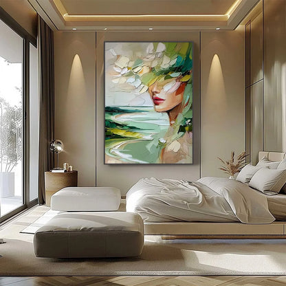 VERDANT REVERIE: Textured Palette Knife Abstract Portrait Painting | black frame version on white wall