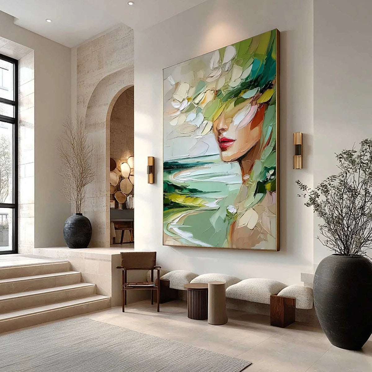 VERDANT REVERIE: Textured Palette Knife Abstract Portrait Painting | Abstract mood, soft natural light studio shot