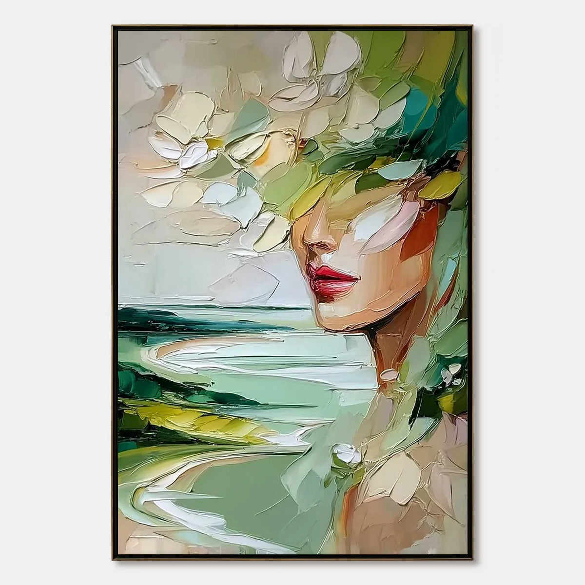 VERDANT REVERIE: Textured Palette Knife Abstract Portrait Painting | hanging in living room, Abstract wall art