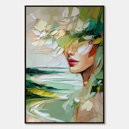 VERDANT REVERIE: Textured Palette Knife Abstract Portrait Painting | hanging in living room, Abstract wall art