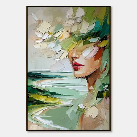 VERDANT REVERIE: Textured Palette Knife Abstract Portrait Painting | hanging in living room, Abstract wall art