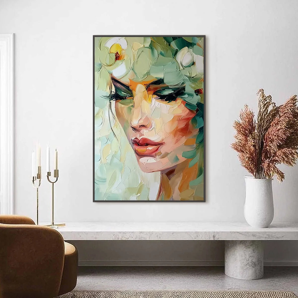 VERDANT REVERIE: Textured Palette Knife Portrait Oil Painting | Abstract closeup, raised brushwork detail