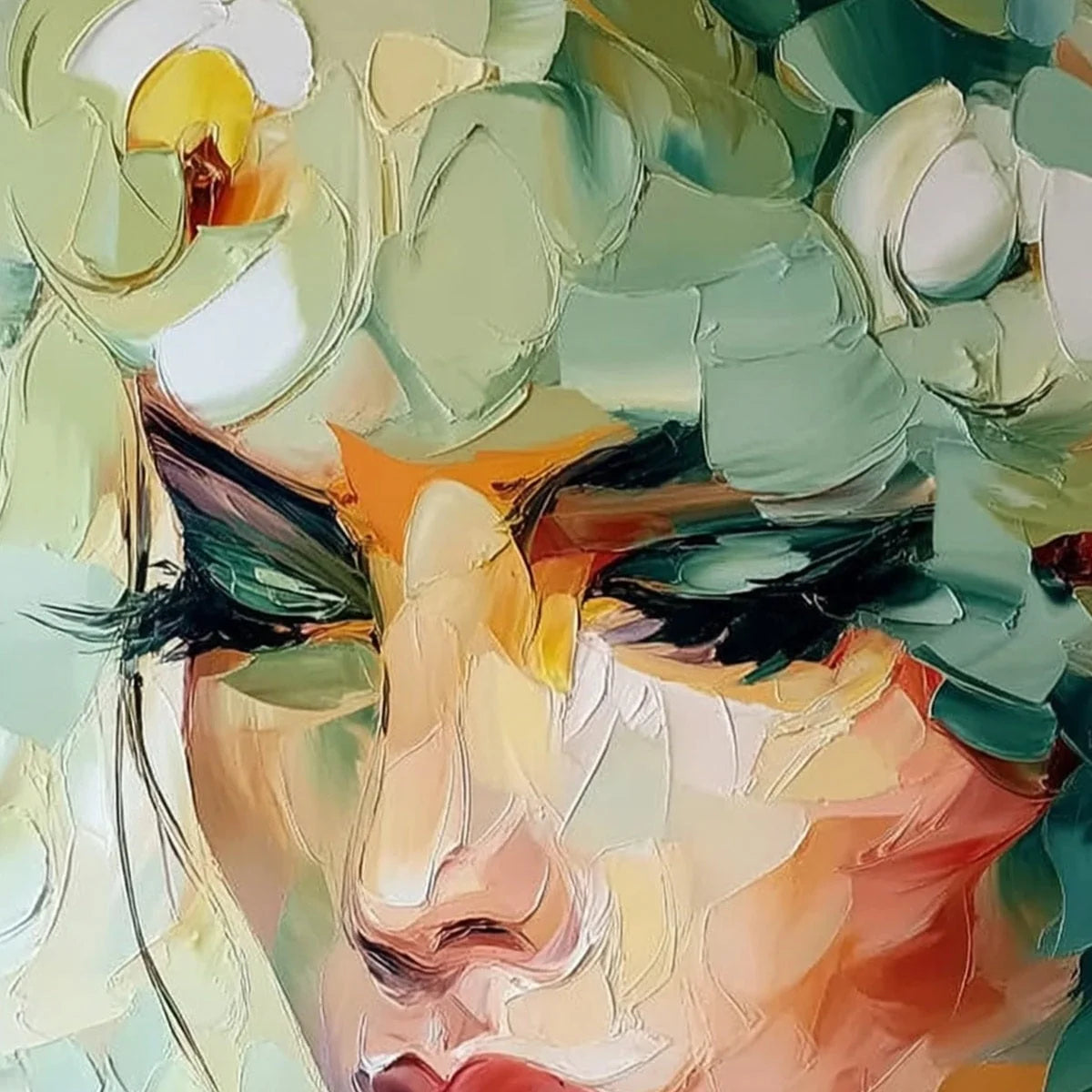 VERDANT REVERIE: Textured Palette Knife Portrait Oil Painting | rectangular format, hand-painted canvas edge