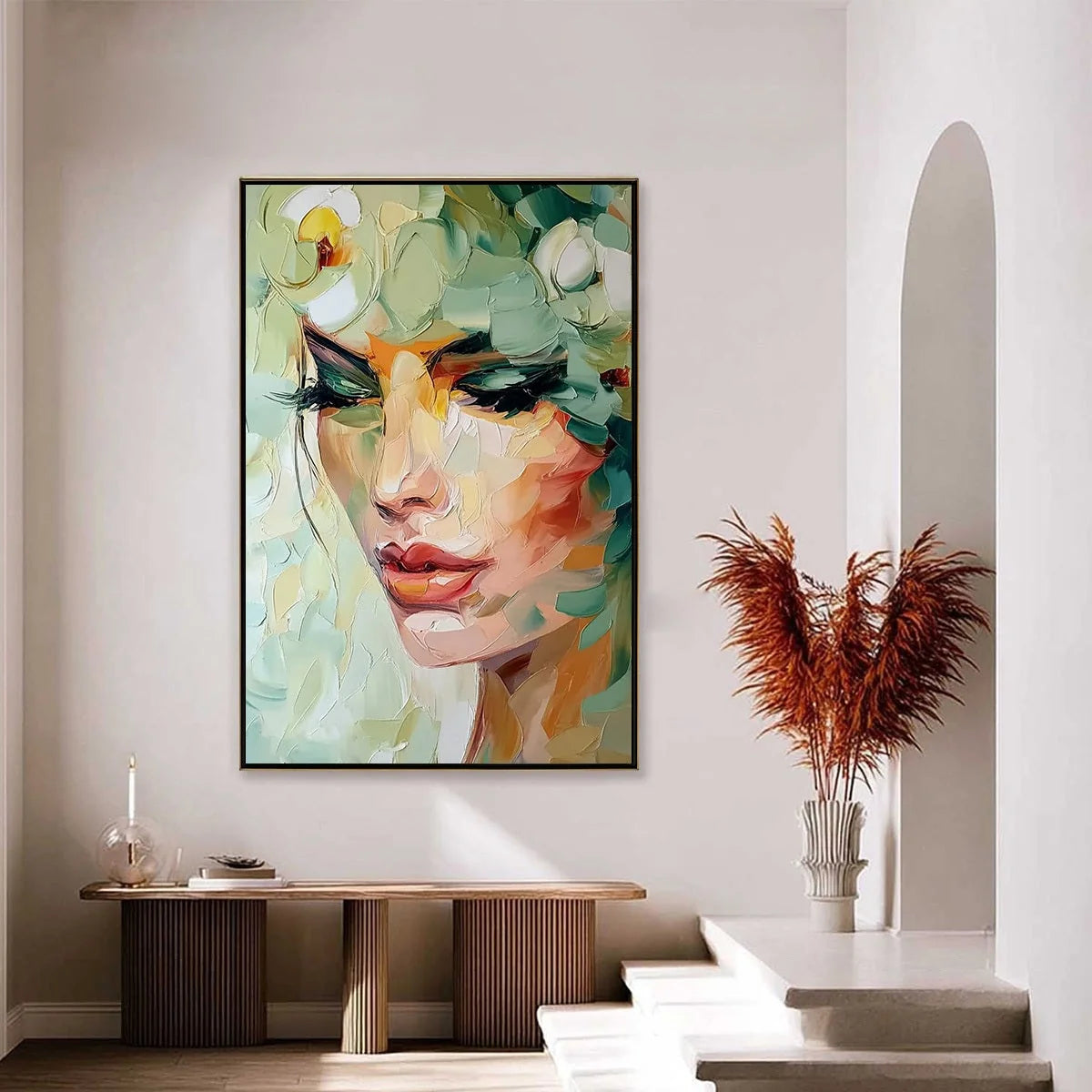 VERDANT REVERIE: Textured Palette Knife Portrait Oil Painting | gold frame stretched on neutral wall
