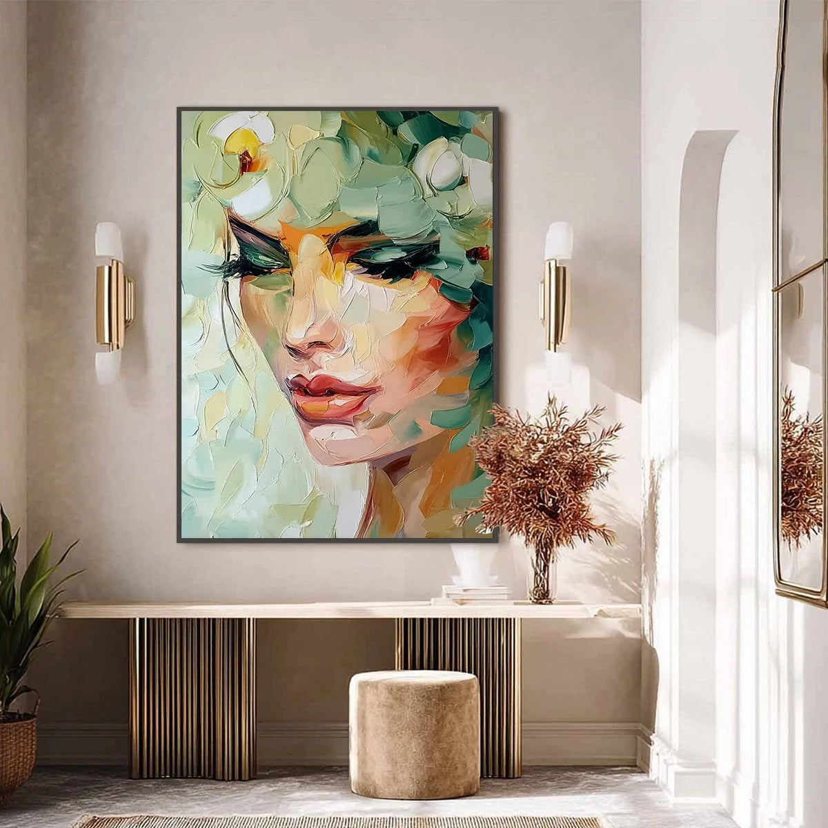 VERDANT REVERIE: Textured Palette Knife Portrait Oil Painting | black frame version on white wall