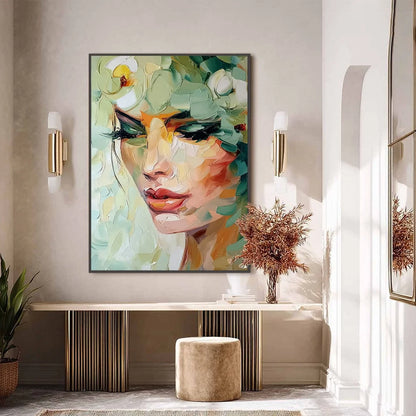 VERDANT REVERIE: Textured Palette Knife Portrait Oil Painting | black frame version on white wall