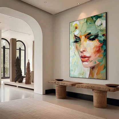 VERDANT REVERIE: Textured Palette Knife Portrait Oil Painting | Abstract mood, soft natural light studio shot