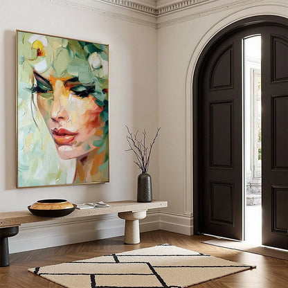 VERDANT REVERIE: Textured Palette Knife Portrait Oil Painting | multi-color palette, original oil on stretched canvas art